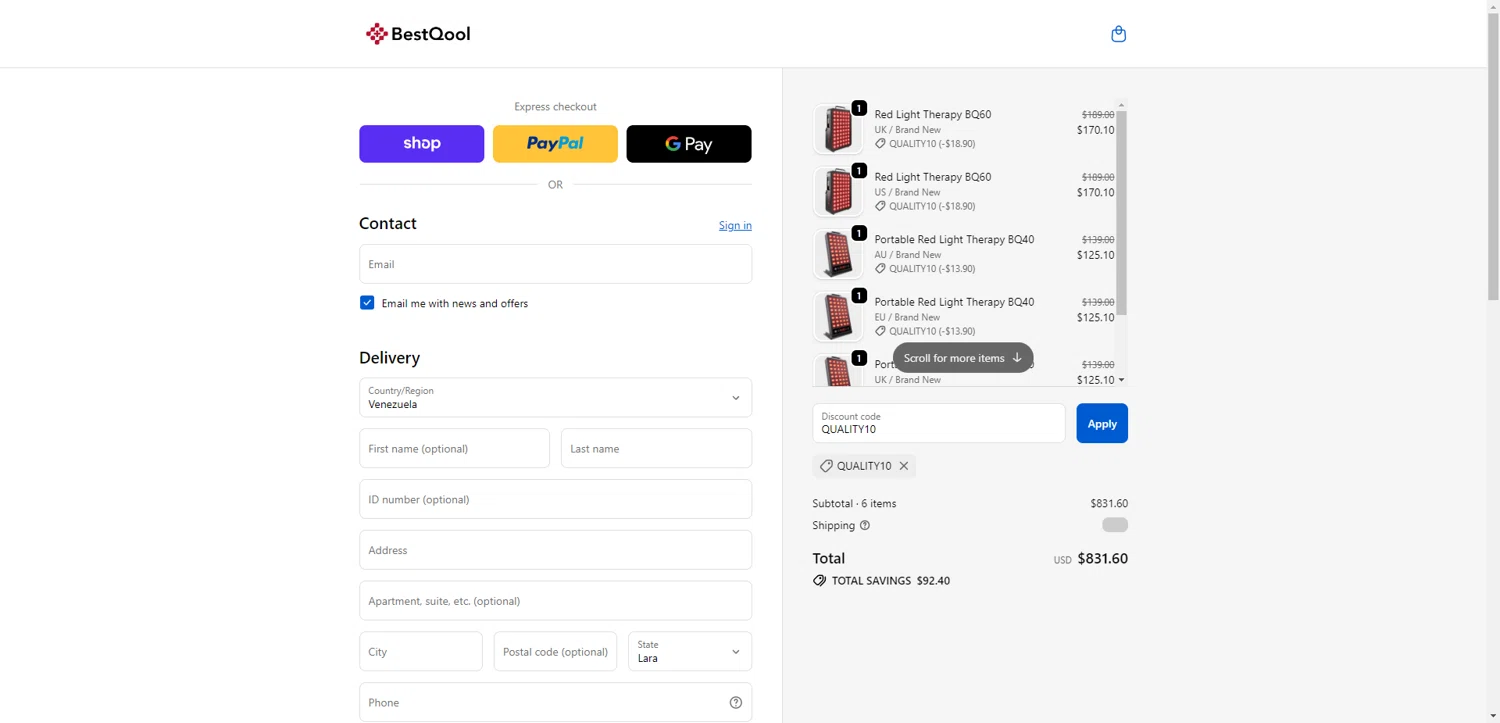 BESTQOOL discount code screenshot showing code QUALITY10 applied at BESTQOOL checkout page. Uploaded by SimplyCodes community member PennyRanger8219 on Nov 7, 2025