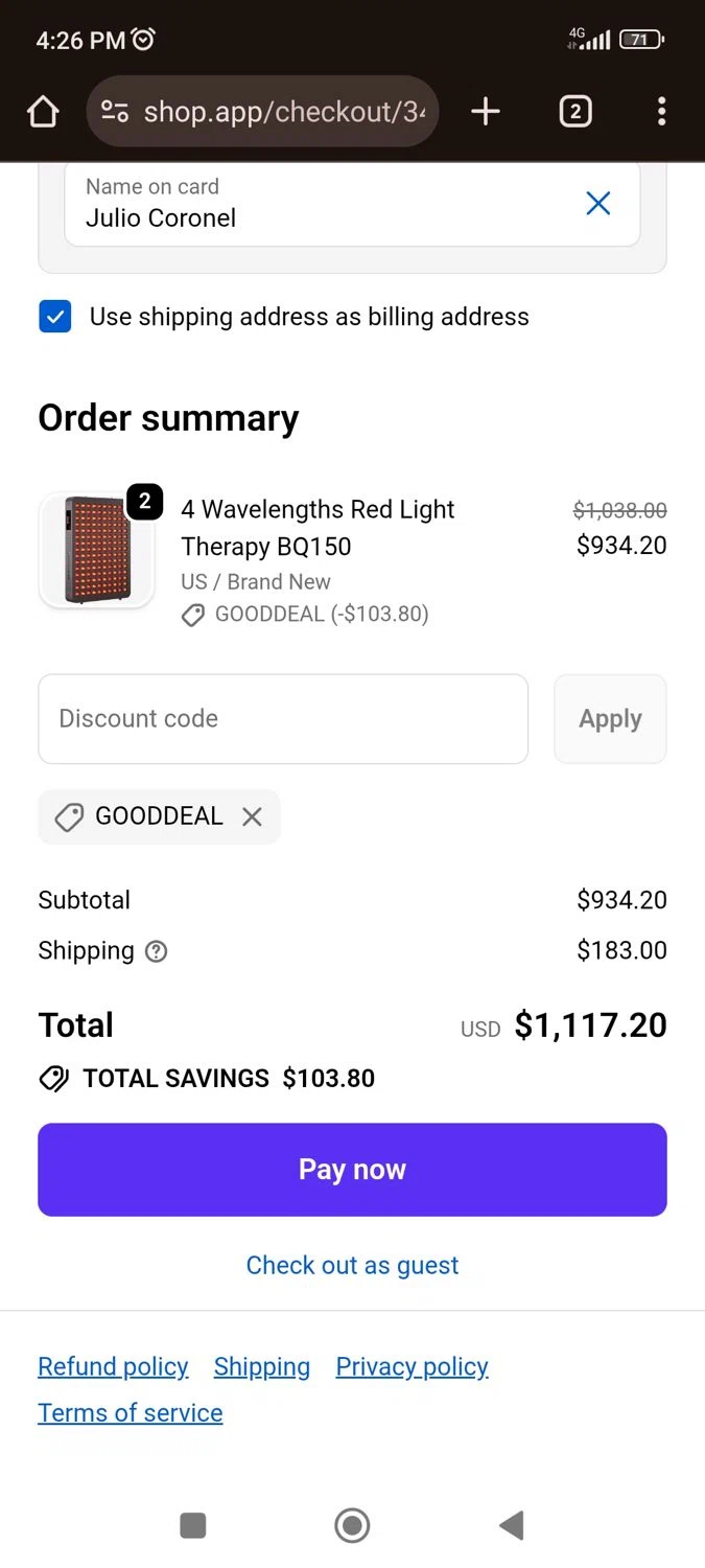 BESTQOOL discount code screenshot showing code Gooddeal applied at BESTQOOL checkout page. Uploaded by SimplyCodes community member juliocoronel038ef0f on Nov 12, 2025