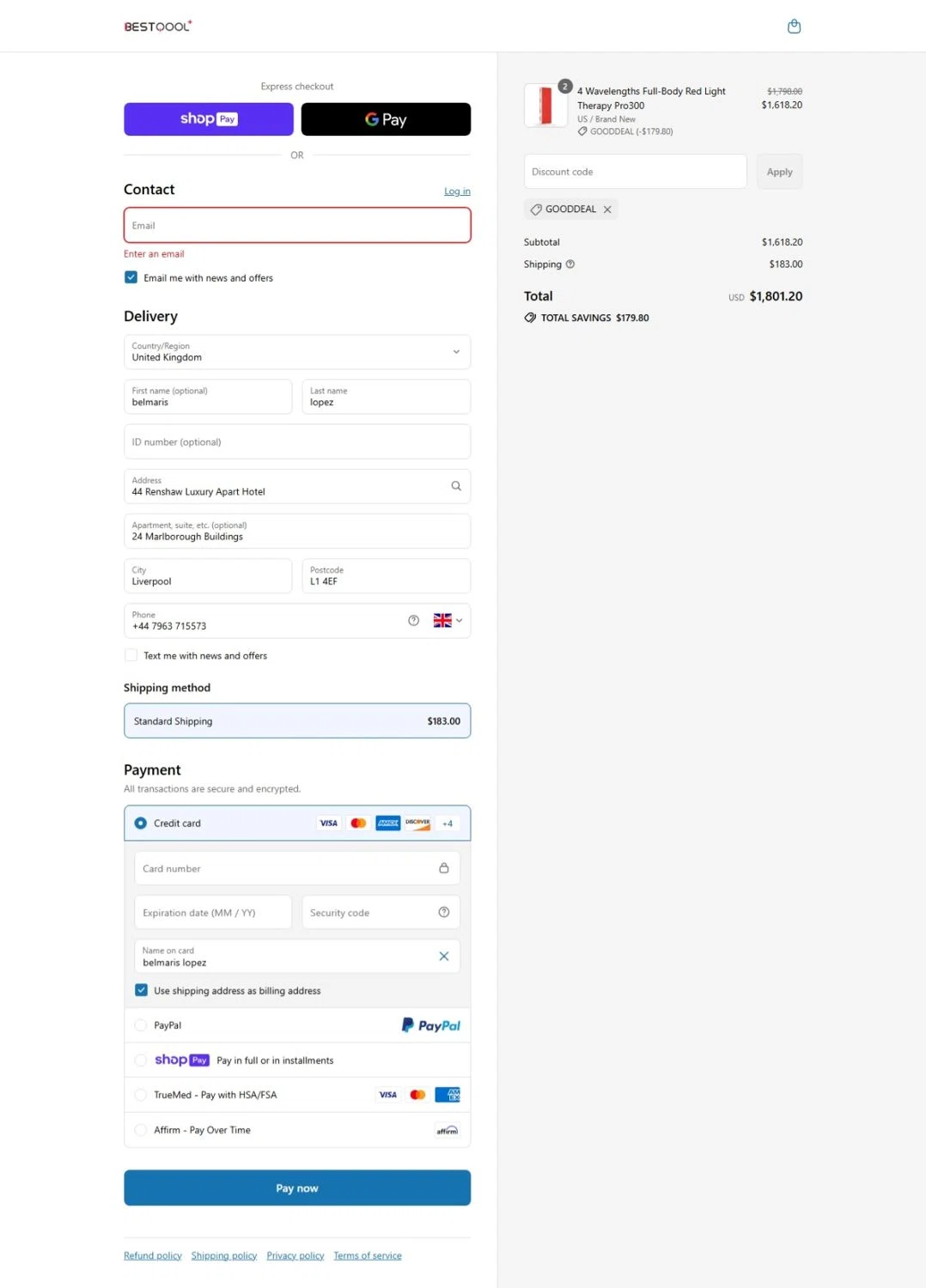 BESTQOOL discount code screenshot showing code Gooddeal applied at BESTQOOL checkout page. Uploaded by SimplyCodes community member belma123 on Jul 19, 2025