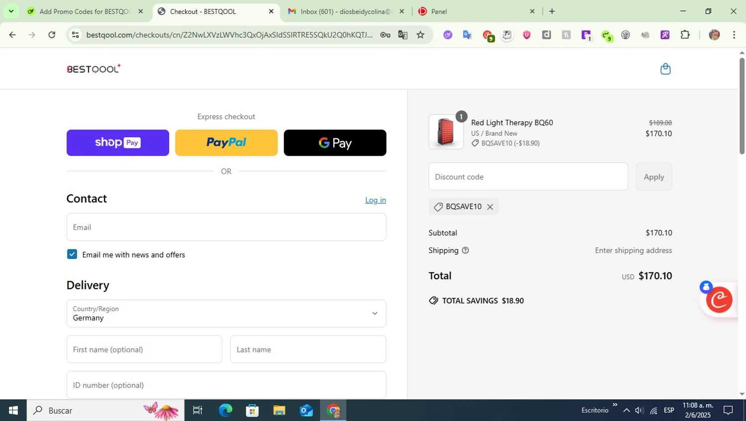 BESTQOOL discount code screenshot showing code bqsave10 applied at BESTQOOL checkout page. Uploaded by SimplyCodes community member diosbeidycolina on Jun 2, 2025