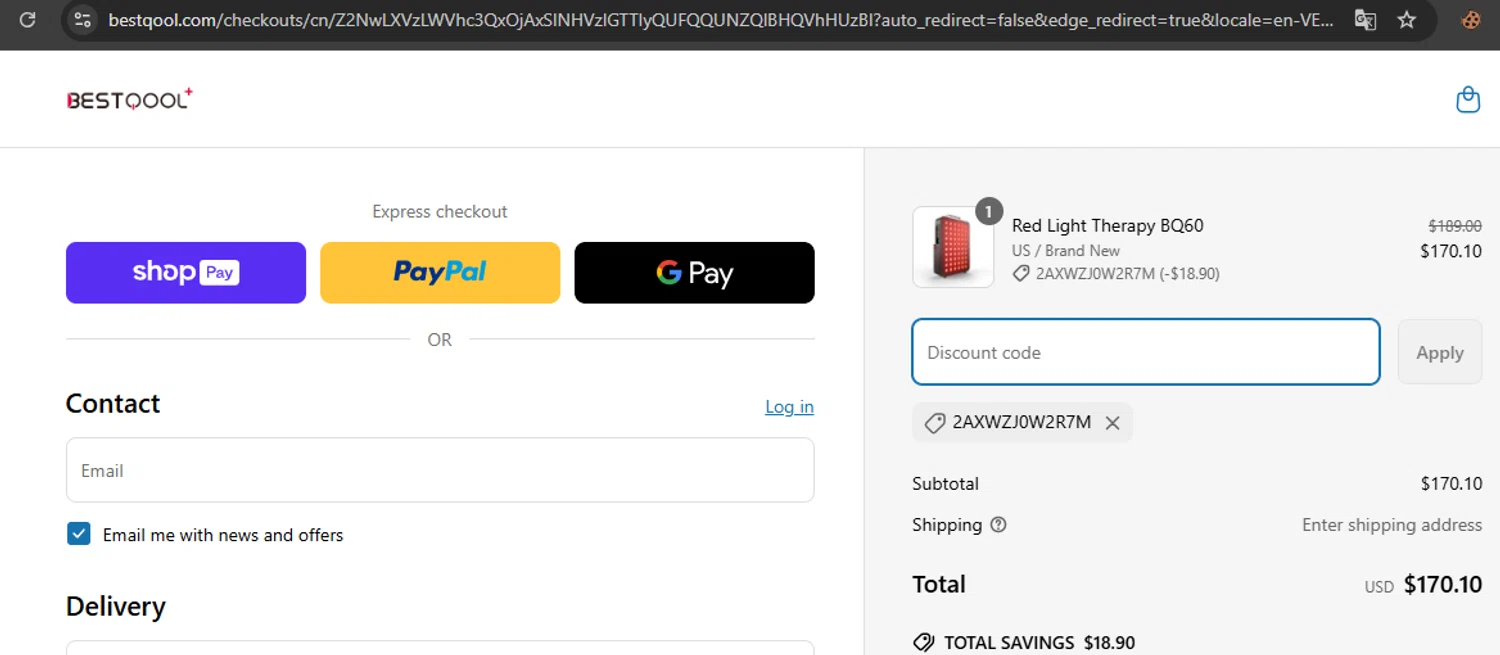 BESTQOOL discount code screenshot showing code 2AXWZJ0W2R7M applied at BESTQOOL checkout page. Uploaded by SimplyCodes community member javierprez on Apr 23, 2025