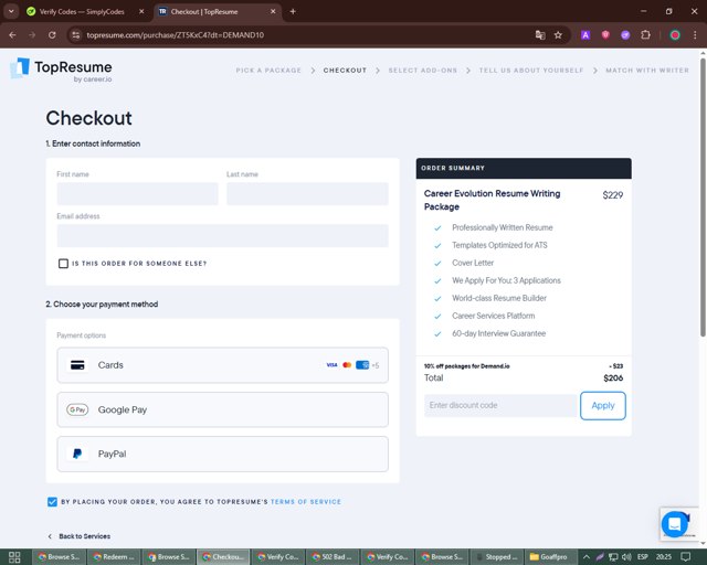 TopResume checkout page showing TopResume discount code box | Screenshot taken by SimplyCodes community member on Jun 26, 2025