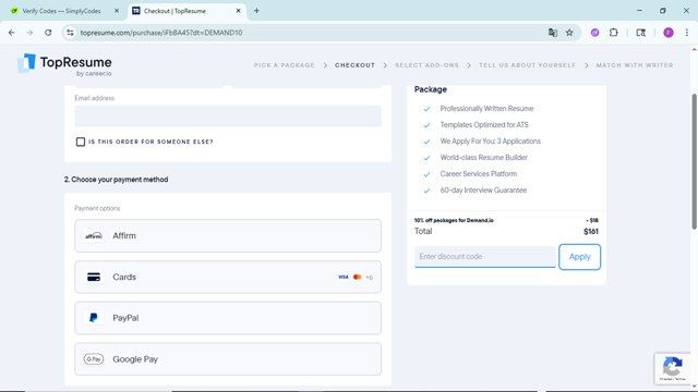 TopResume checkout page showing TopResume discount code box | Screenshot taken by SimplyCodes community member on Jun 19, 2025