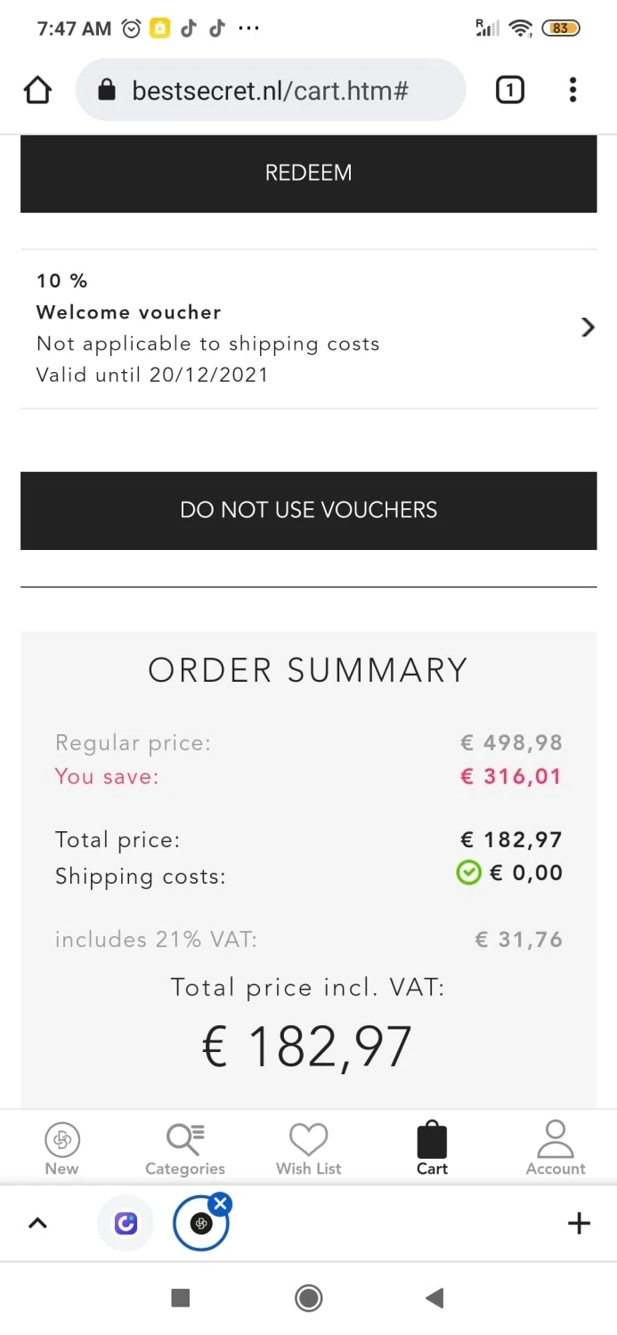 BestSecret.com checkout page showing BestSecret.com promo code box | Screenshot taken by SimplyCodes community member on Feb 2, 2022