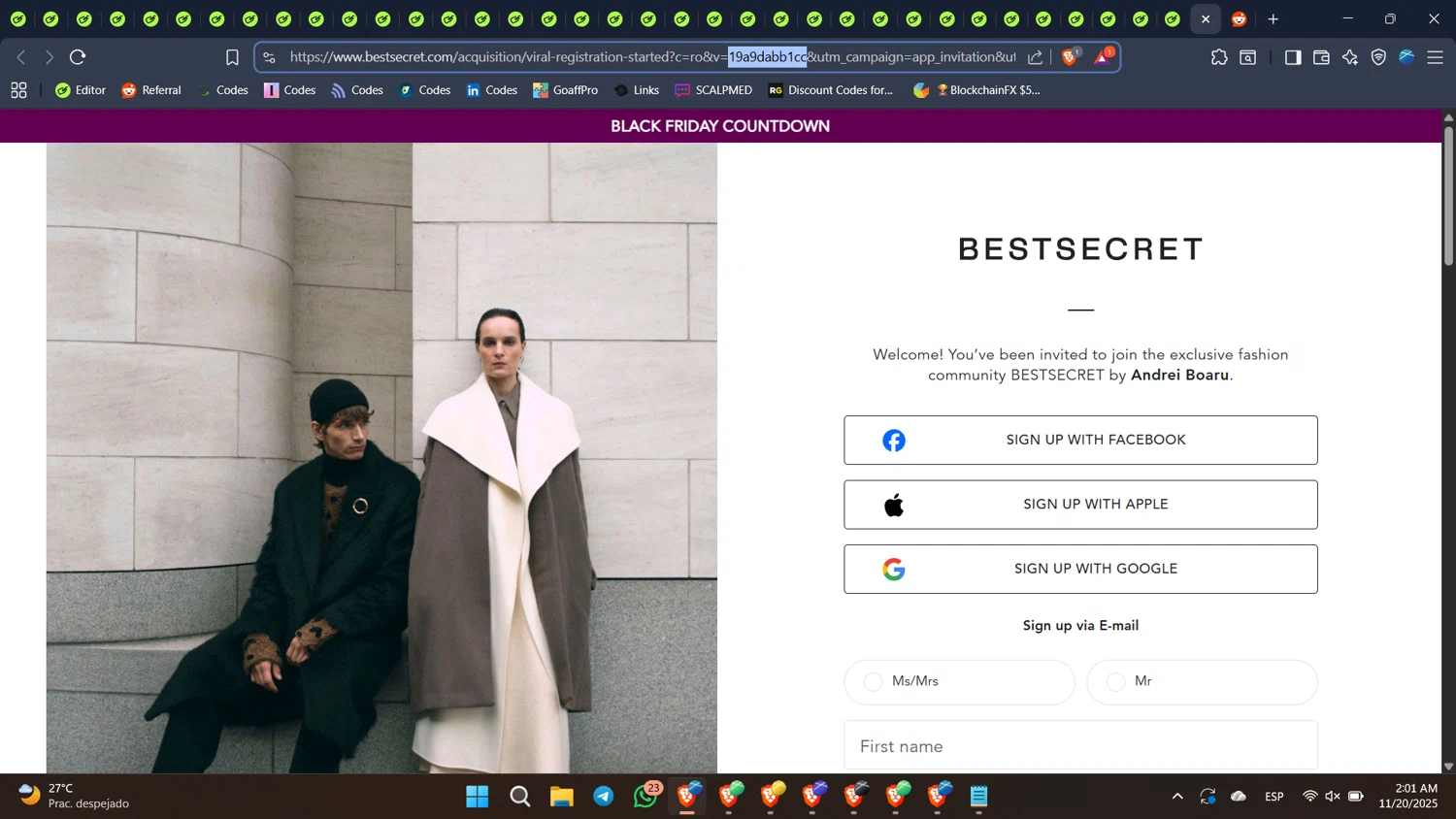 BestSecret.com promo code screenshot showing code 19a9dabb1cc applied at BestSecret.com checkout page. Uploaded by SimplyCodes community member BabaYaga on Nov 20, 2025