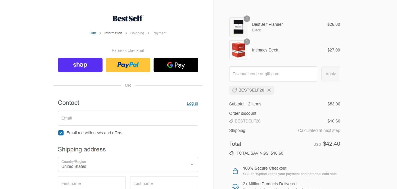 BestSelf Co. promo code screenshot showing code BESTSELF20 applied at BestSelf Co. checkout page. Uploaded by SimplyCodes community member juanisaac on Aug 29, 2025