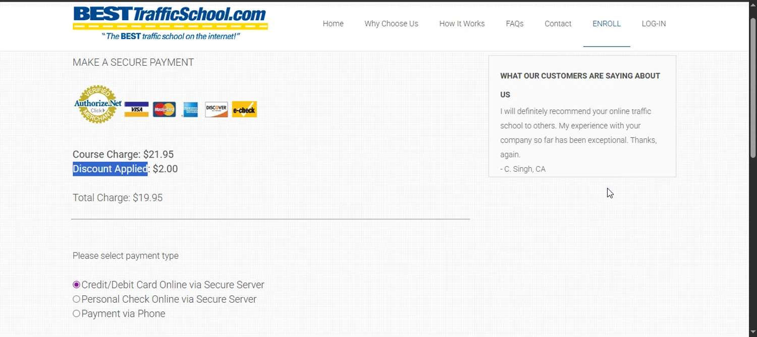 BESTtrafficschool.com checkout page showing BESTtrafficschool.com promo code box | Screenshot taken by SimplyCodes community member on Jul 1, 2025