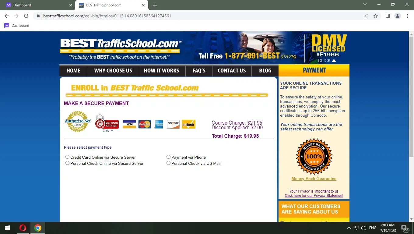 BESTtrafficschool.com checkout page showing BESTtrafficschool.com promo code box | Screenshot taken by SimplyCodes community member on Jul 19, 2023