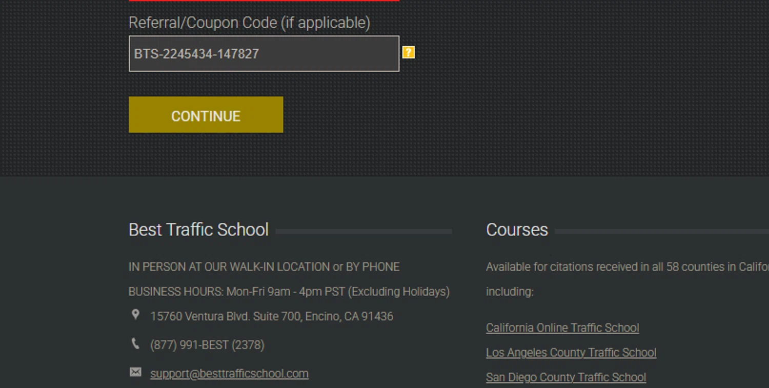 BESTtrafficschool.com promo code screenshot showing code BTS-2245434-147827 applied at BESTtrafficschool.com checkout page. Uploaded by SimplyCodes community member PedroNavaja on Oct 27, 2025