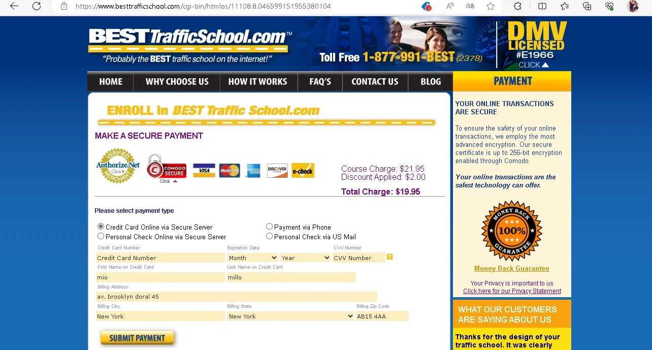 BESTtrafficschool.com checkout page showing BESTtrafficschool.com promo code box | Screenshot taken by SimplyCodes community member on Aug 17, 2023