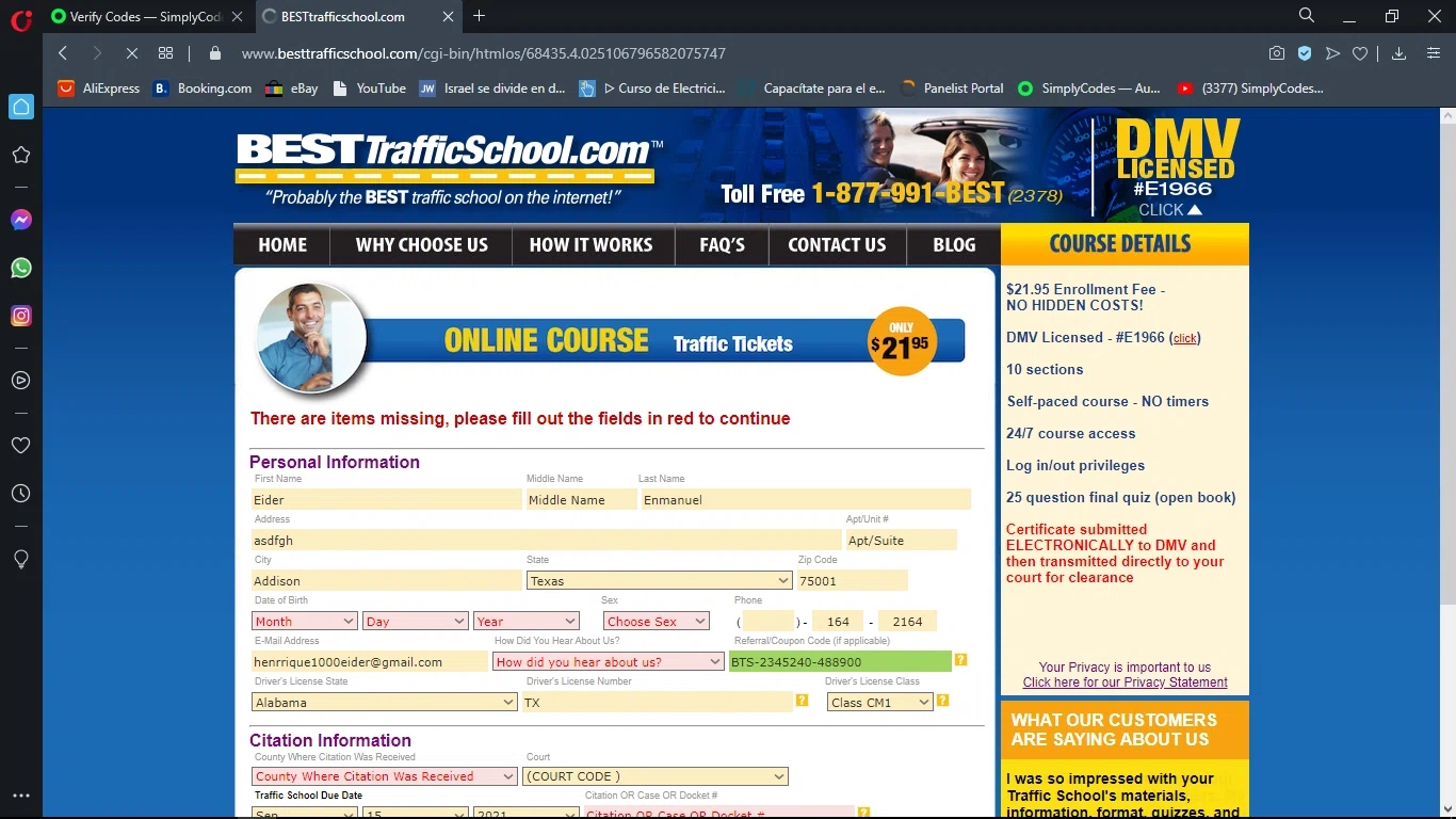 BESTtrafficschool.com checkout page showing BESTtrafficschool.com promo code box | Screenshot taken by SimplyCodes community member on Mar 9, 2021