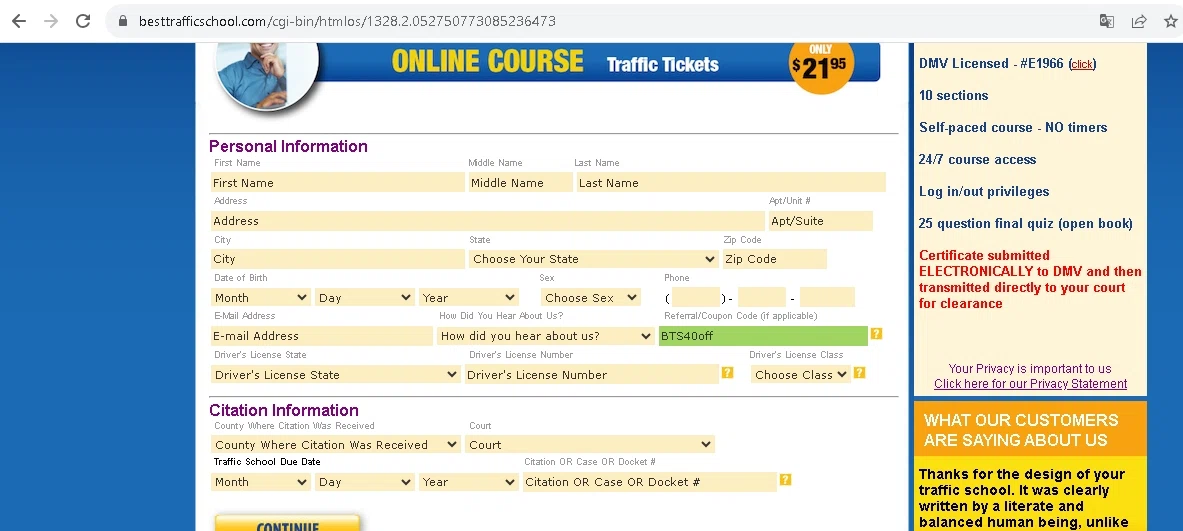 BESTtrafficschool.com checkout page showing BESTtrafficschool.com promo code box | Screenshot taken by SimplyCodes community member on Aug 17, 2023