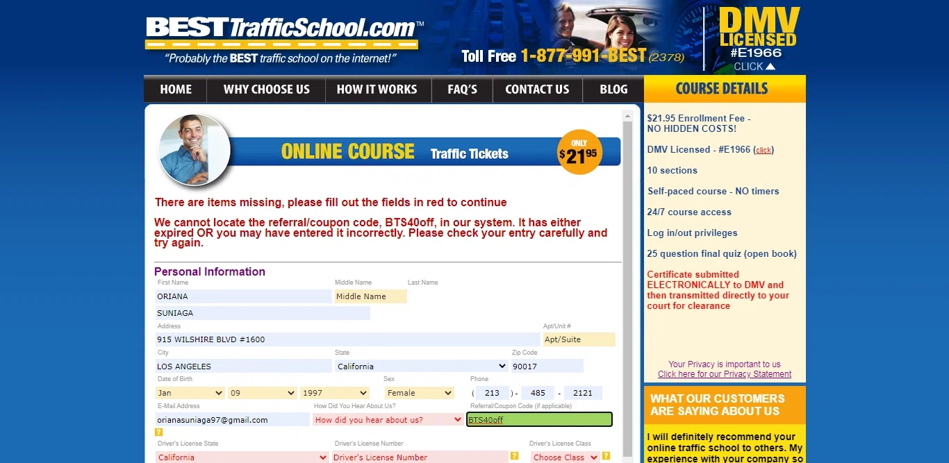 BESTtrafficschool.com checkout page showing BESTtrafficschool.com promo code box | Screenshot taken by SimplyCodes community member on Jul 19, 2023