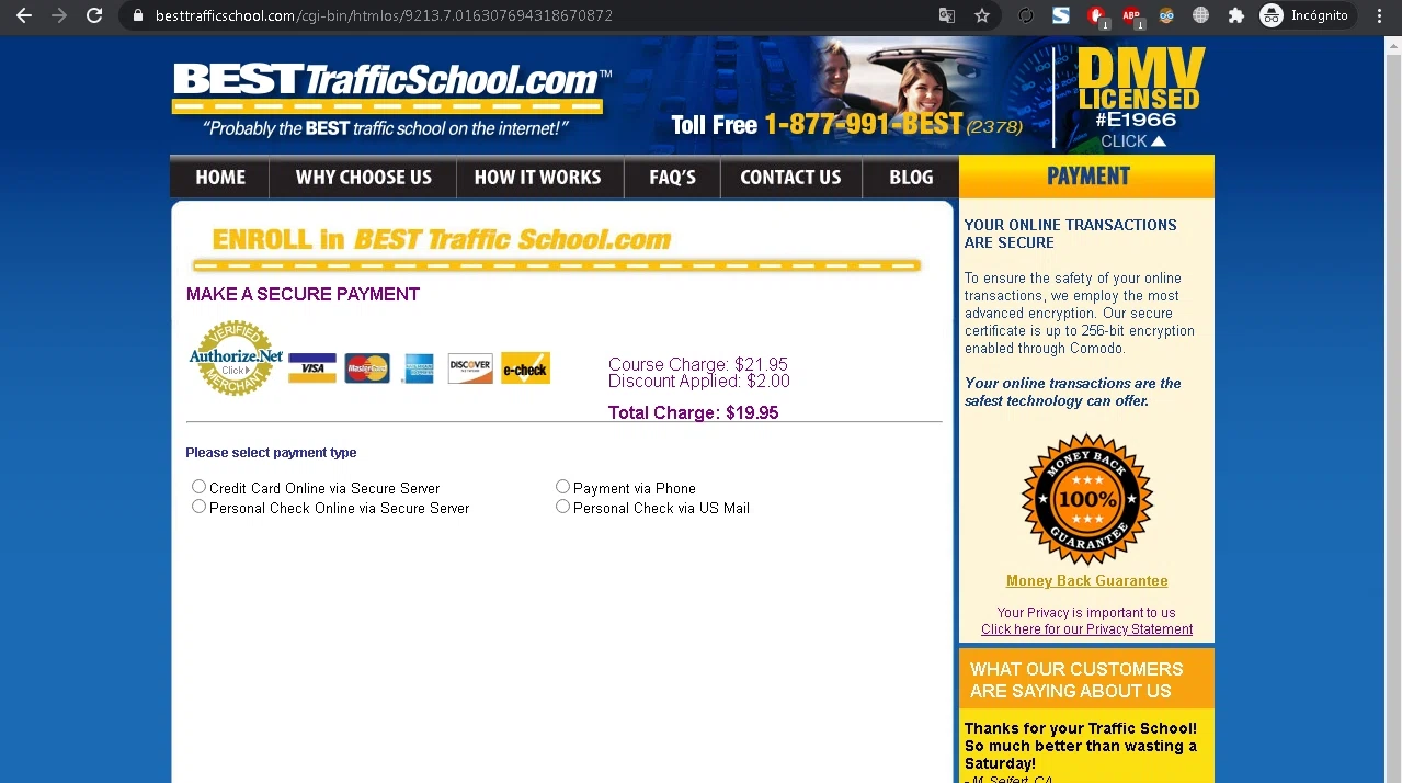 BESTtrafficschool.com checkout page showing BESTtrafficschool.com promo code box | Screenshot taken by SimplyCodes community member on Mar 8, 2021