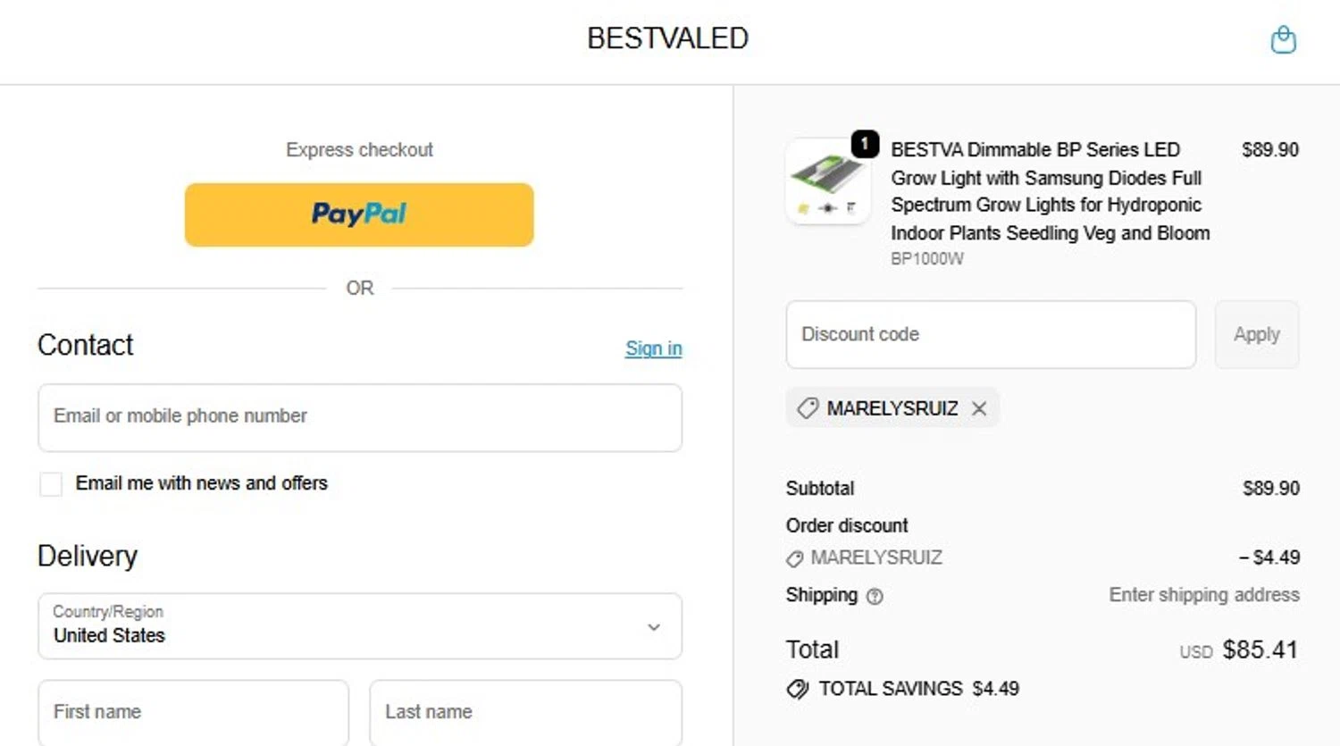 BESTVALED promo code screenshot showing code MARELYSRUIZ applied at BESTVALED checkout page. Uploaded by SimplyCodes community member mandrakke on Jun 8, 2026