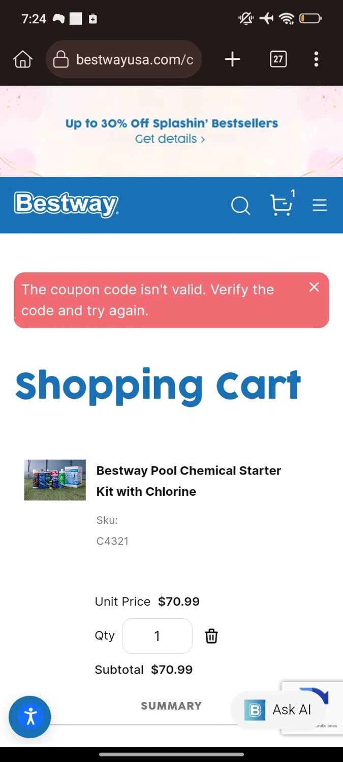 Bestway USA discount code screenshot showing code bestway10 applied at Bestway USA checkout page. Uploaded by SimplyCodes community member Elcogeculo on Apr 16, 2025