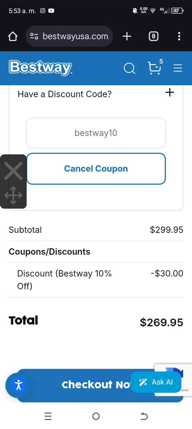 Bestway USA checkout page showing Bestway USA discount code box | Screenshot taken by SimplyCodes community member on Jan 3, 2025