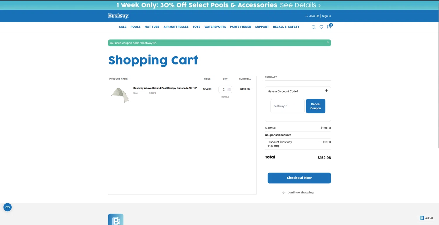 Bestway USA checkout page showing Bestway USA discount code box | Screenshot taken by SimplyCodes community member on Feb 25, 2025
