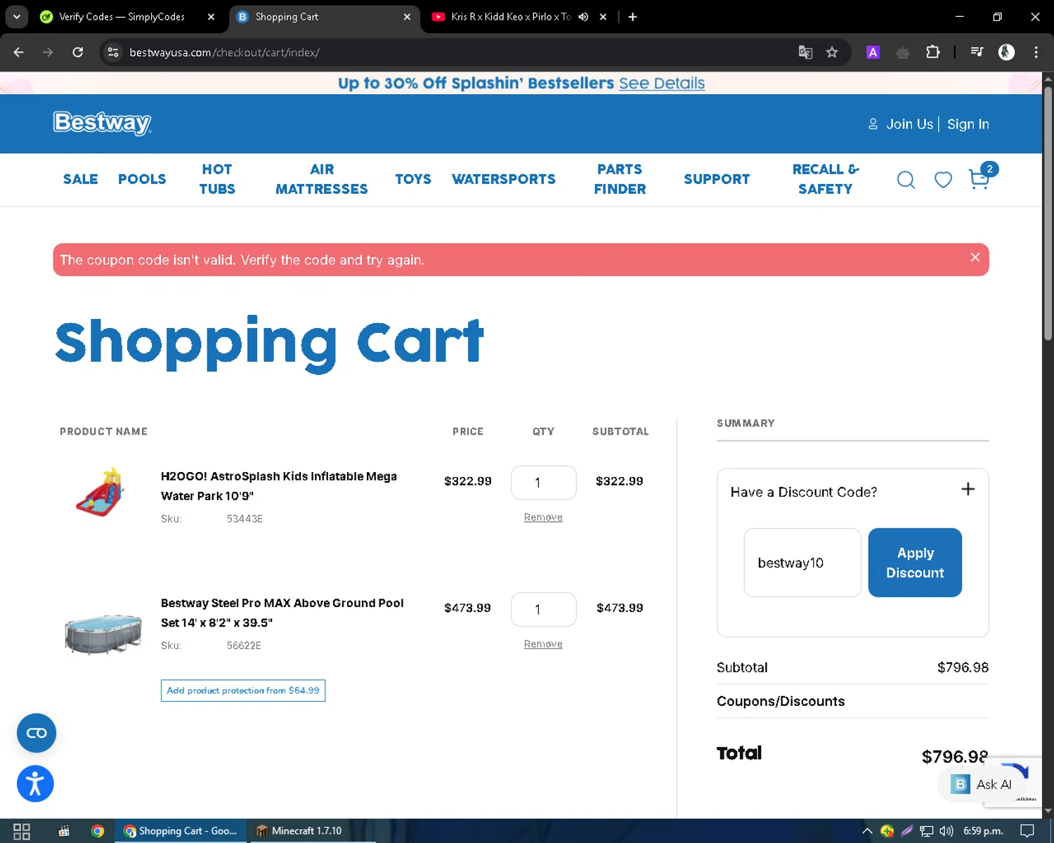 Bestway USA discount code screenshot showing code bestway10 applied at Bestway USA checkout page. Uploaded by SimplyCodes community member CleverSentinel9441 on Apr 16, 2025