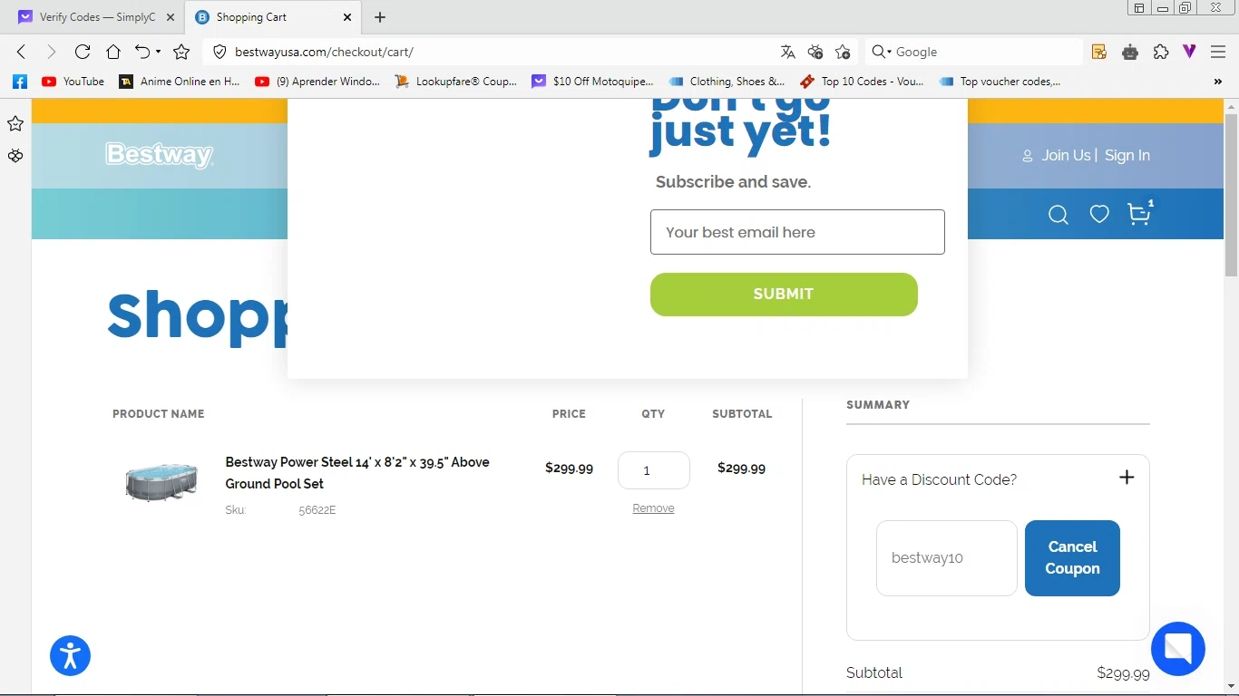 Bestway USA checkout page showing Bestway USA discount code box | Screenshot taken by SimplyCodes community member on May 30, 2023