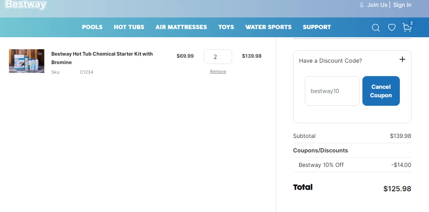 Bestway USA checkout page showing Bestway USA discount code box | Screenshot taken by SimplyCodes community member on Jan 23, 2024
