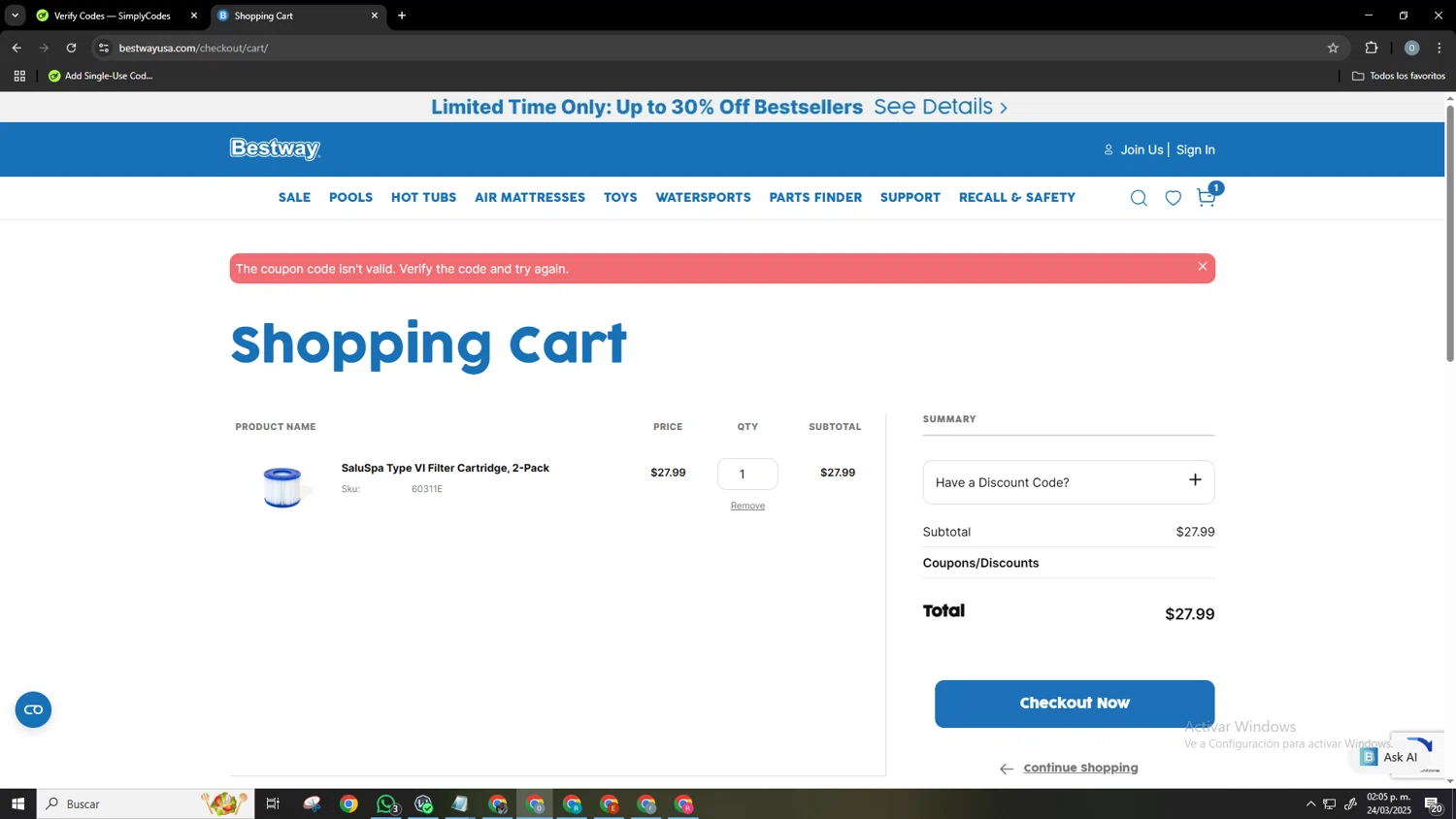 Bestway USA discount code screenshot showing code 0A6QT06F8X applied at Bestway USA checkout page. Uploaded by SimplyCodes community member Neonvalo on Mar 24, 2025