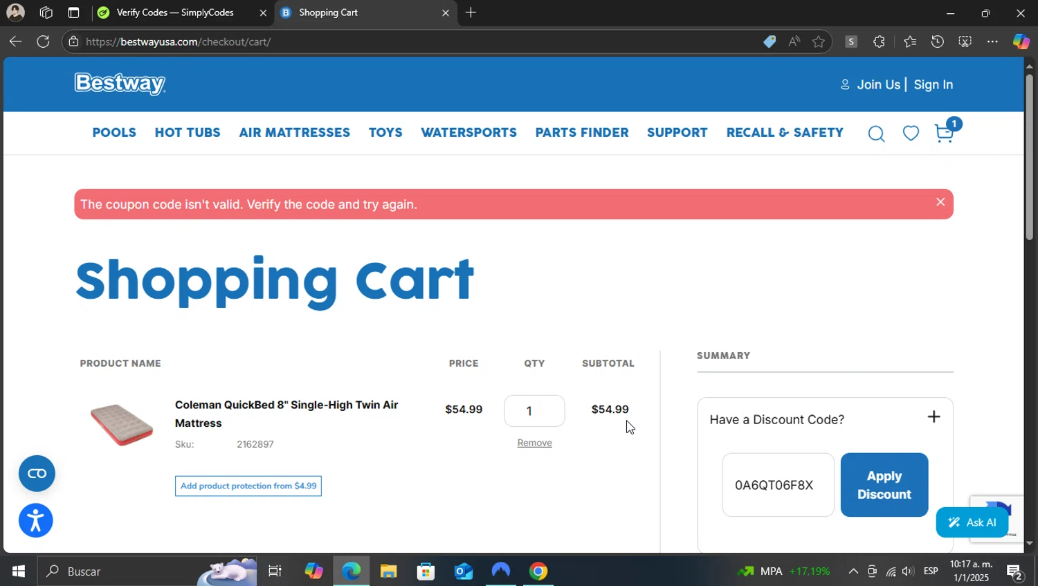 Bestway USA discount code screenshot showing code 0A6QT06F8X applied at Bestway USA checkout page. Uploaded by SimplyCodes community member WonderKnight7884 on Jan 1, 2025