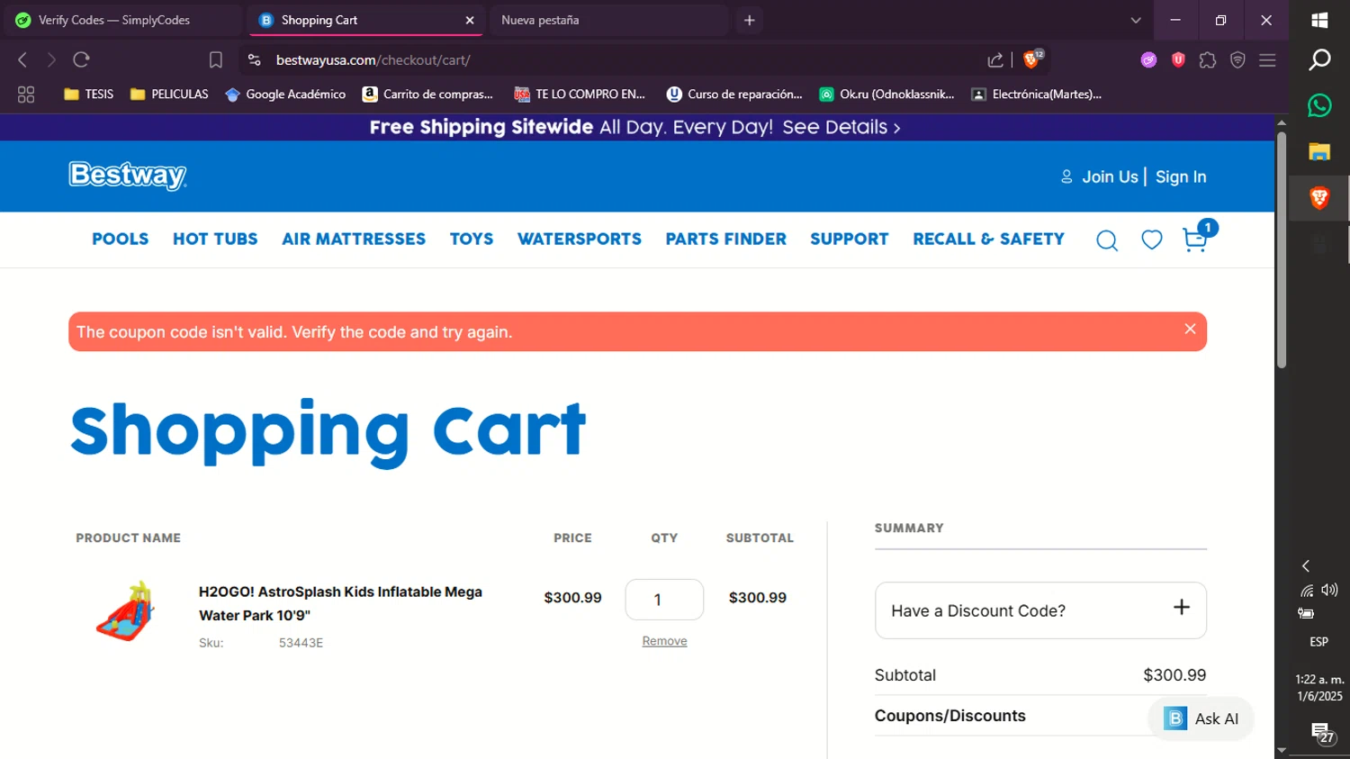 Bestway USA discount code screenshot showing code DRPCO1K0JT applied at Bestway USA checkout page. Uploaded by SimplyCodes community member xXdevoragoticas69Xx on Jun 1, 2025