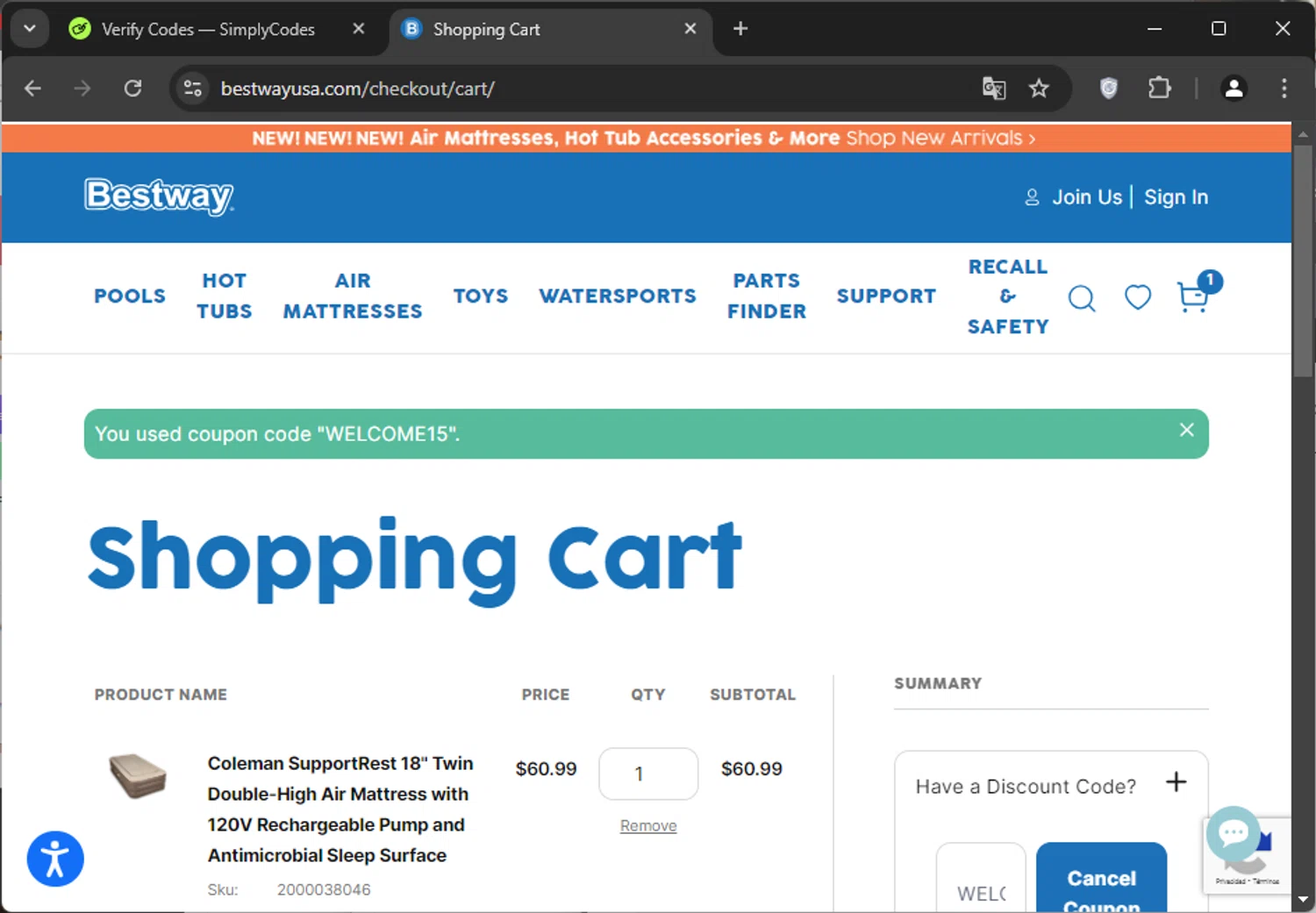 Bestway USA checkout page showing Bestway USA discount code box | Screenshot taken by SimplyCodes community member on Sep 18, 2024