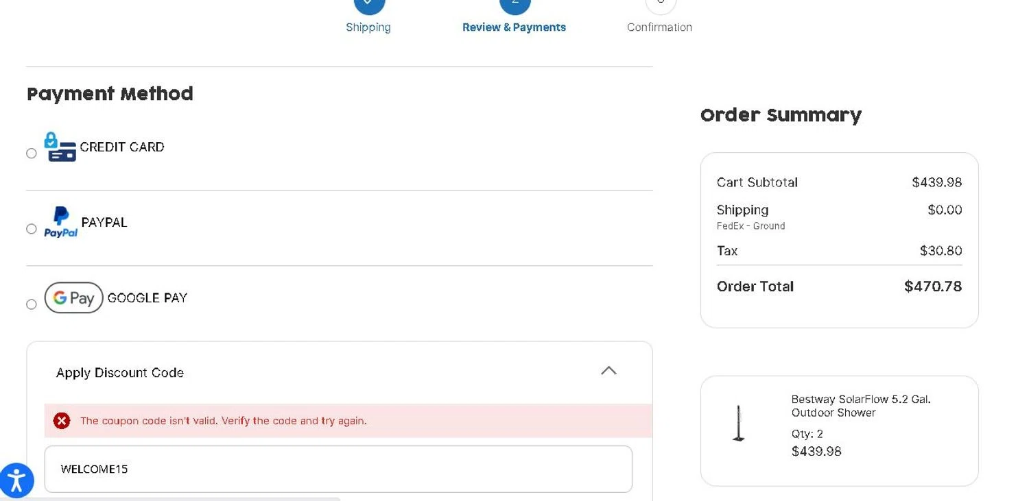 Bestway USA checkout page showing Bestway USA discount code box | Screenshot taken by SimplyCodes community member on Jul 31, 2024