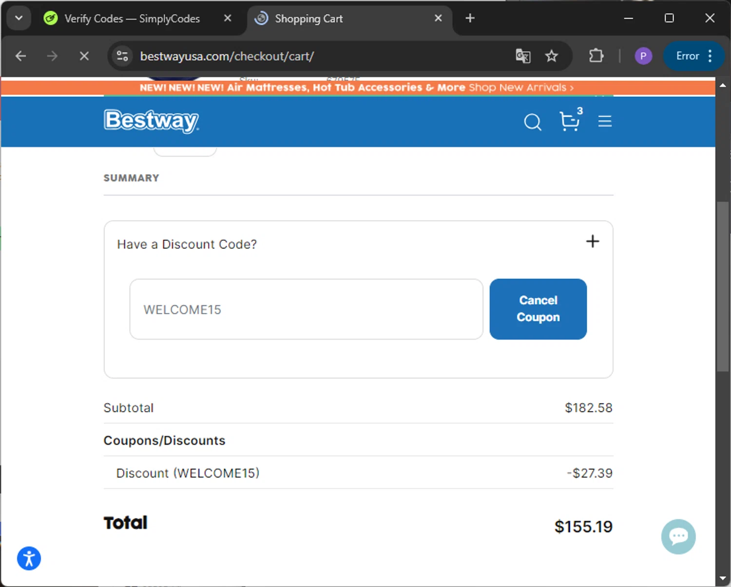Bestway USA checkout page showing Bestway USA discount code box | Screenshot taken by SimplyCodes community member on Aug 31, 2024