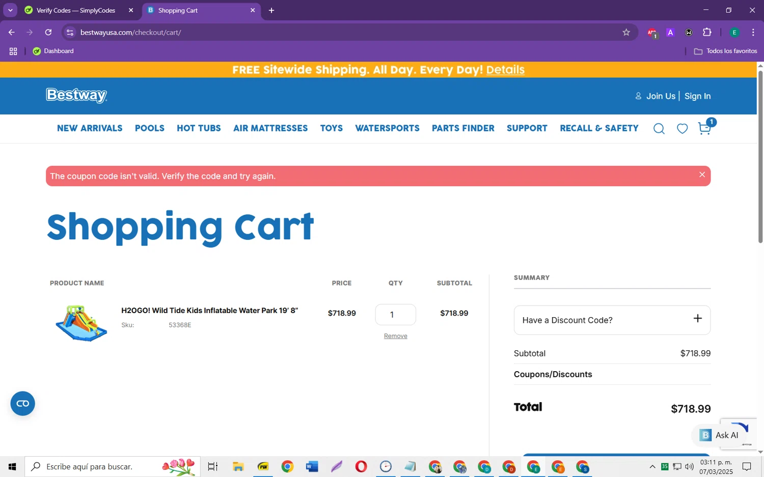 Bestway USA discount code screenshot showing code WELCOME15 applied at Bestway USA checkout page. Uploaded by SimplyCodes community member RebateScholar429 on Mar 7, 2025