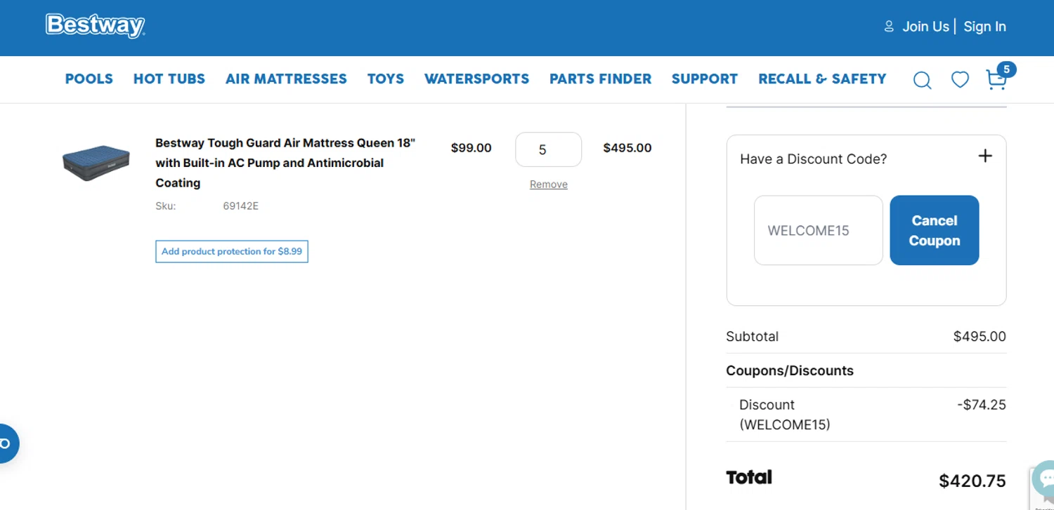 Bestway USA checkout page showing Bestway USA discount code box | Screenshot taken by SimplyCodes community member on Nov 3, 2024