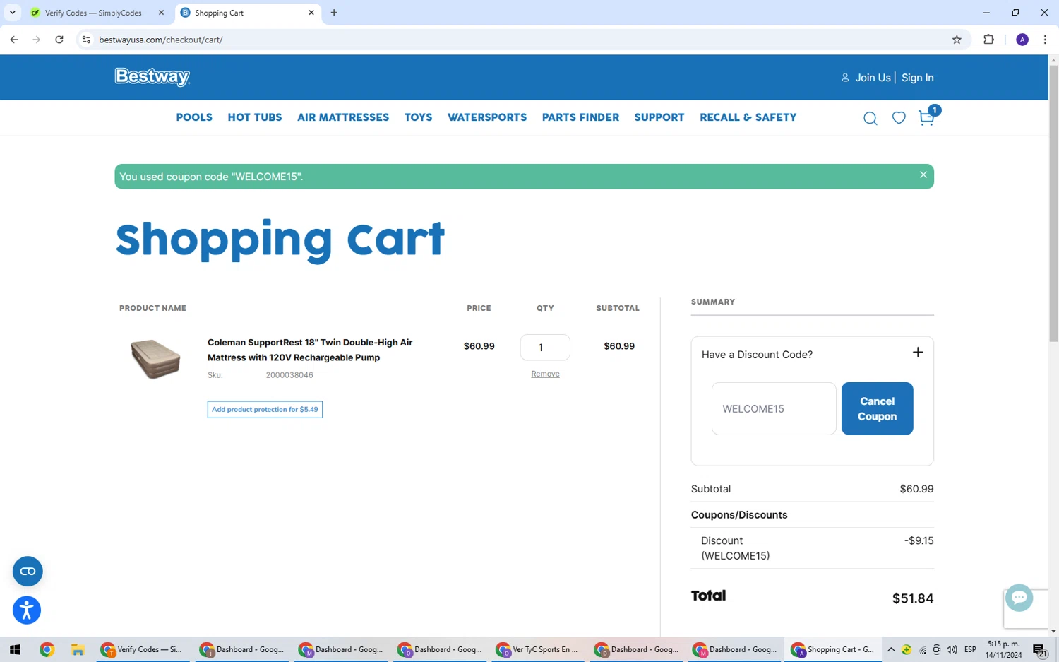 Bestway USA checkout page showing Bestway USA discount code box | Screenshot taken by SimplyCodes community member on Nov 14, 2024