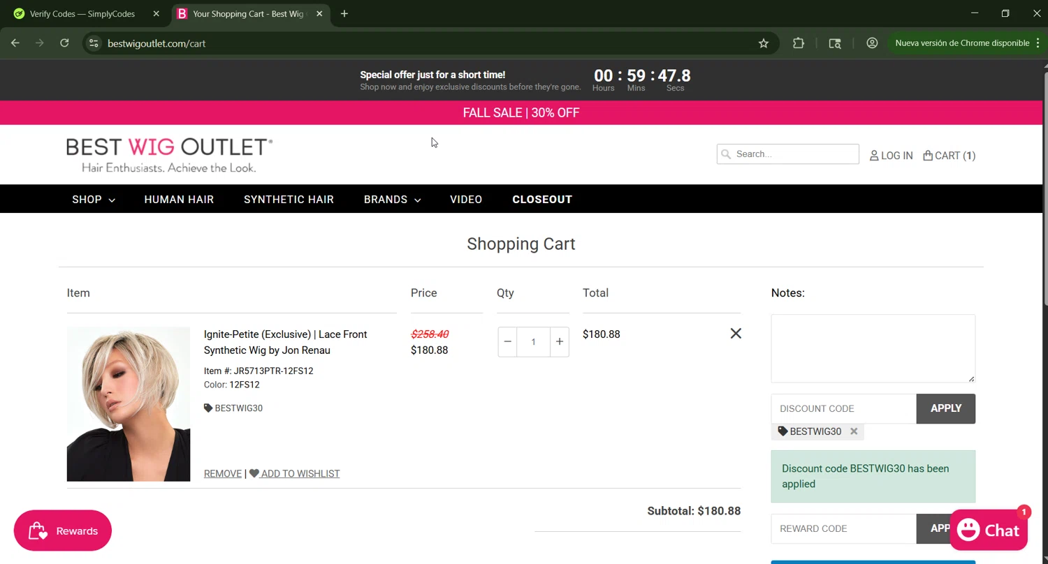 Best Wig Outlet promo code screenshot showing code BESTWIG30 applied at Best Wig Outlet checkout page. Uploaded by SimplyCodes community member CashWizard4502 on Oct 10, 2025