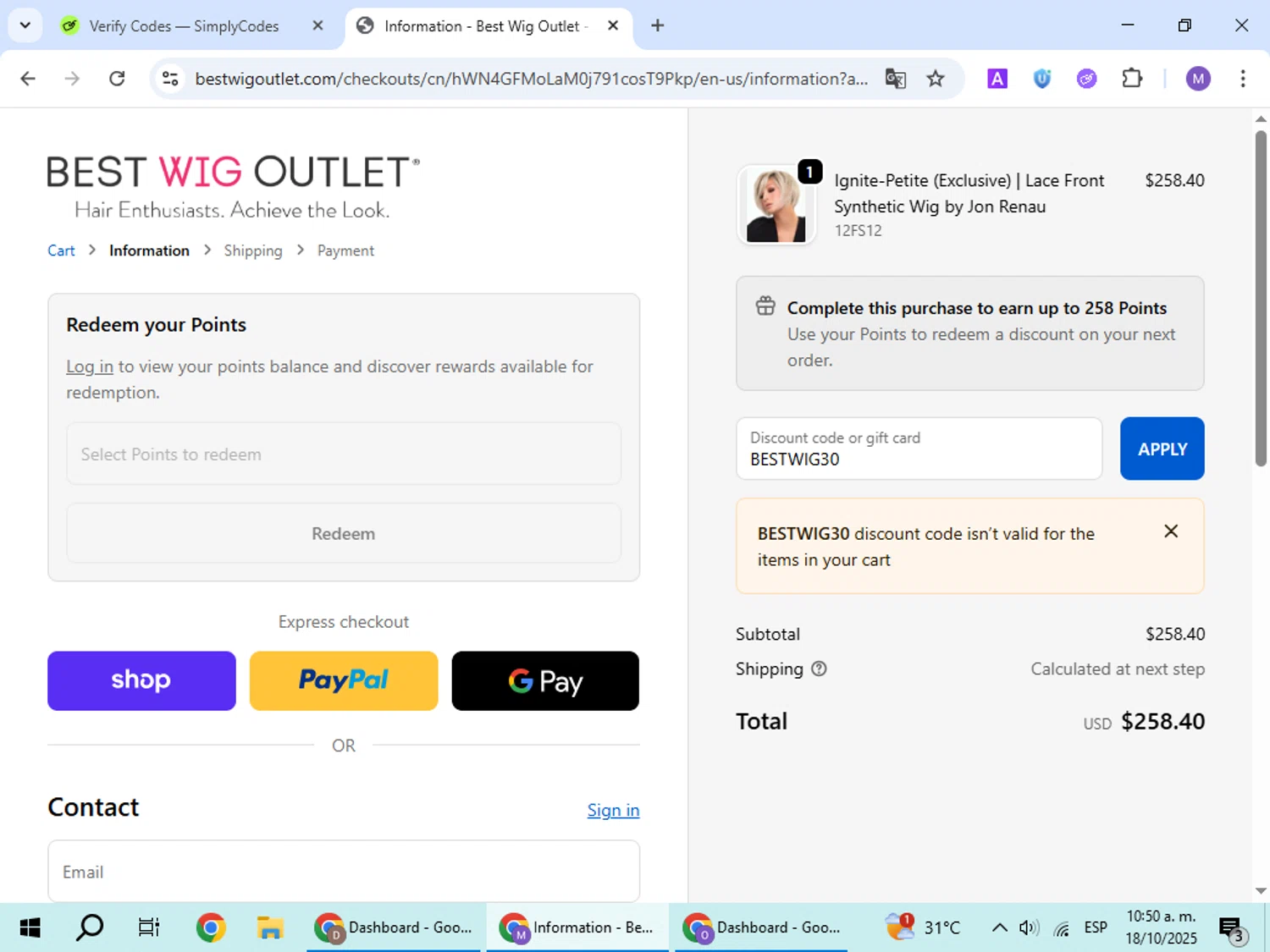 Best Wig Outlet promo code screenshot showing code BESTWIG30 applied at Best Wig Outlet checkout page. Uploaded by SimplyCodes community member VoucherScout6115 on Oct 18, 2025
