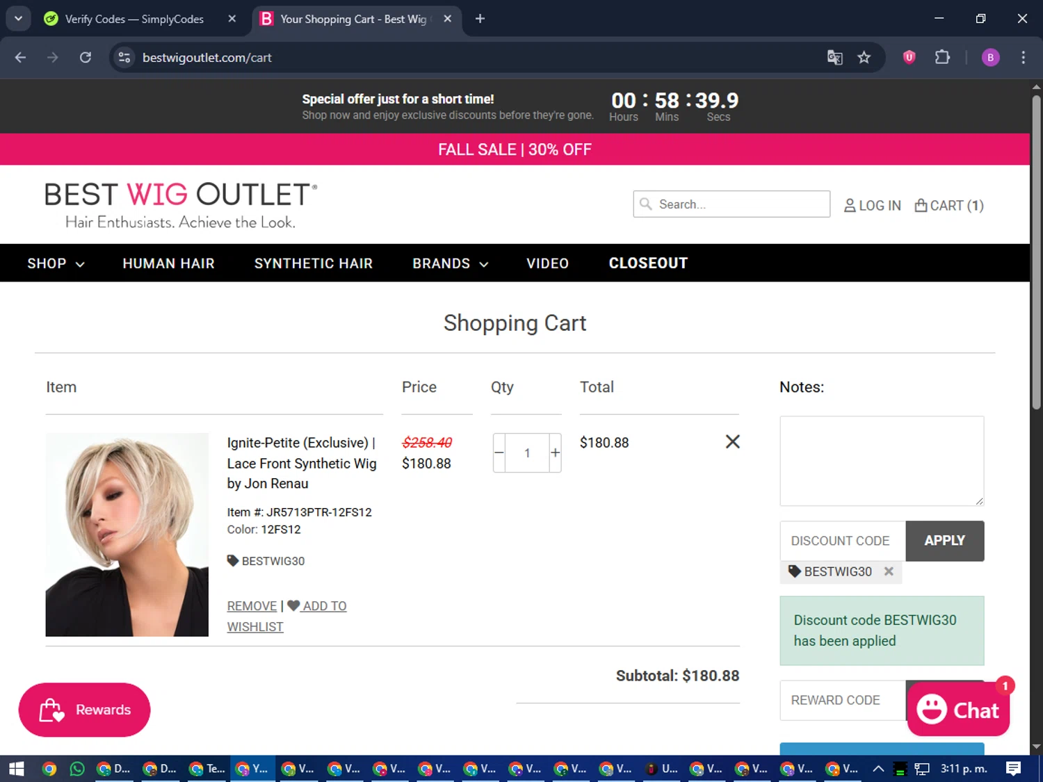 Best Wig Outlet promo code screenshot showing code BESTWIG30 applied at Best Wig Outlet checkout page. Uploaded by SimplyCodes community member travisscott on Oct 10, 2025