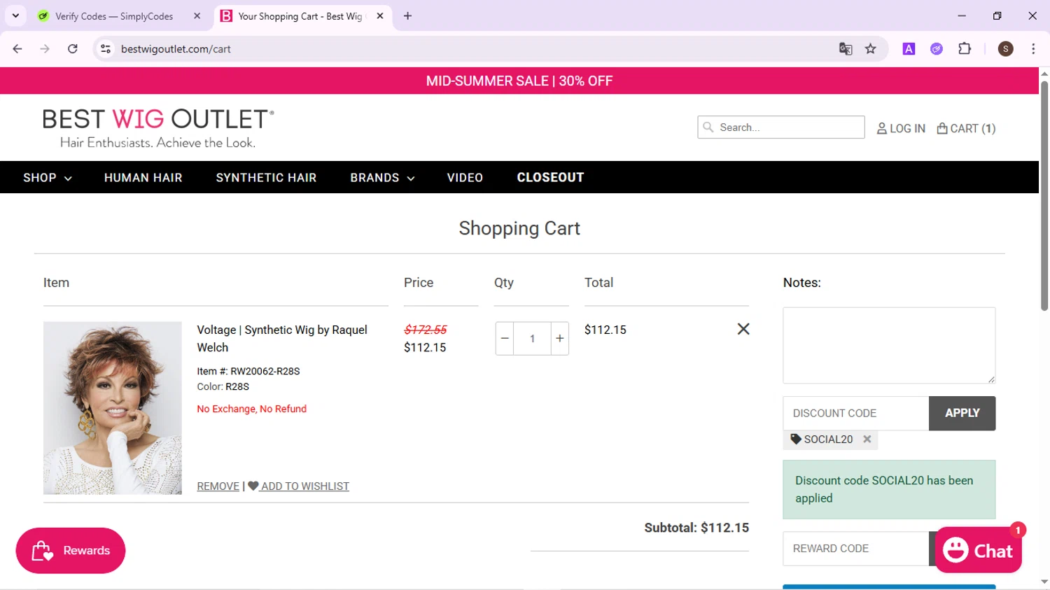 Best Wig Outlet promo code screenshot showing code SOCIAL20 applied at Best Wig Outlet checkout page. Uploaded by SimplyCodes community member QuestPhoenix2794 on Aug 22, 2025