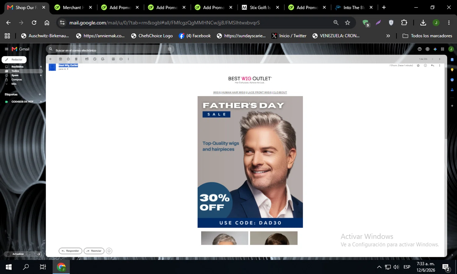 Best Wig Outlet promo code screenshot showing code DAD30 applied at Best Wig Outlet checkout page. Uploaded by SimplyCodes community member Codehunter on Jun 12, 2026