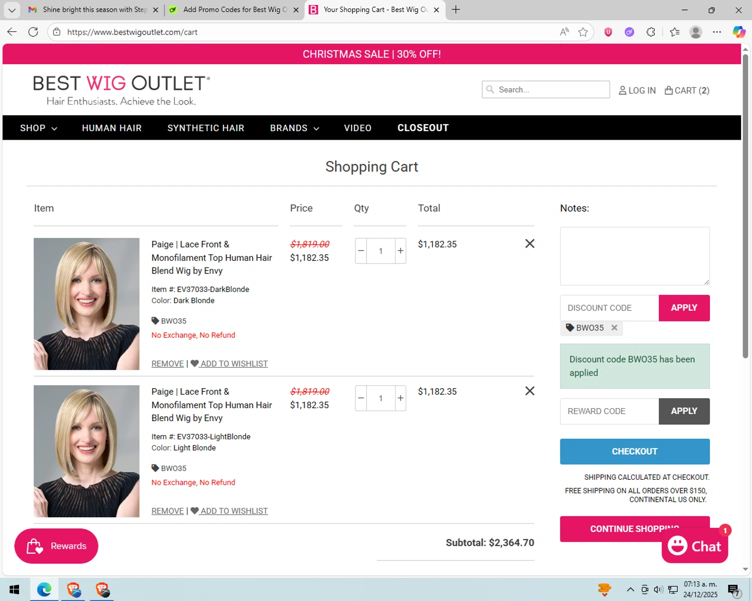 Best Wig Outlet promo code screenshot showing code BWO35 applied at Best Wig Outlet checkout page. Uploaded by SimplyCodes community member peachee on Dec 24, 2025