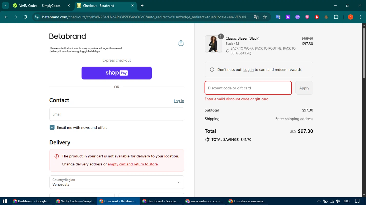 Betabrand discount code screenshot showing code NEW30 applied at Betabrand checkout page. Uploaded by SimplyCodes community member CoinMaven895 on Aug 23, 2025