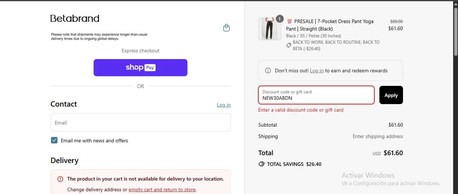 Betabrand discount code screenshot showing code NEW30ABDN applied at Betabrand checkout page. Uploaded by SimplyCodes community member danielgarcia1 on Aug 23, 2025