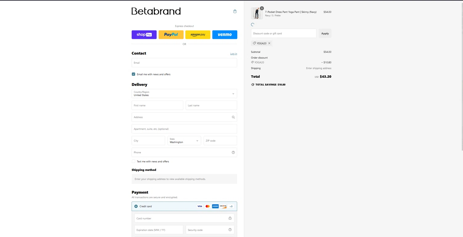 Betabrand discount code screenshot showing code YOGA20 applied at Betabrand checkout page. Uploaded by SimplyCodes community member bluemoony on Jan 28, 2025