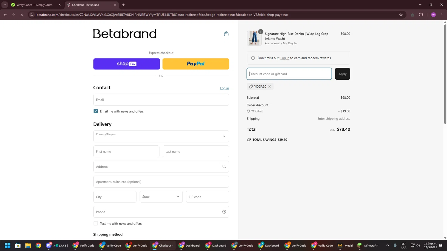 Betabrand discount code screenshot showing code YOGA20 applied at Betabrand checkout page. Uploaded by SimplyCodes community member PennyWizard1195 on Mar 18, 2025