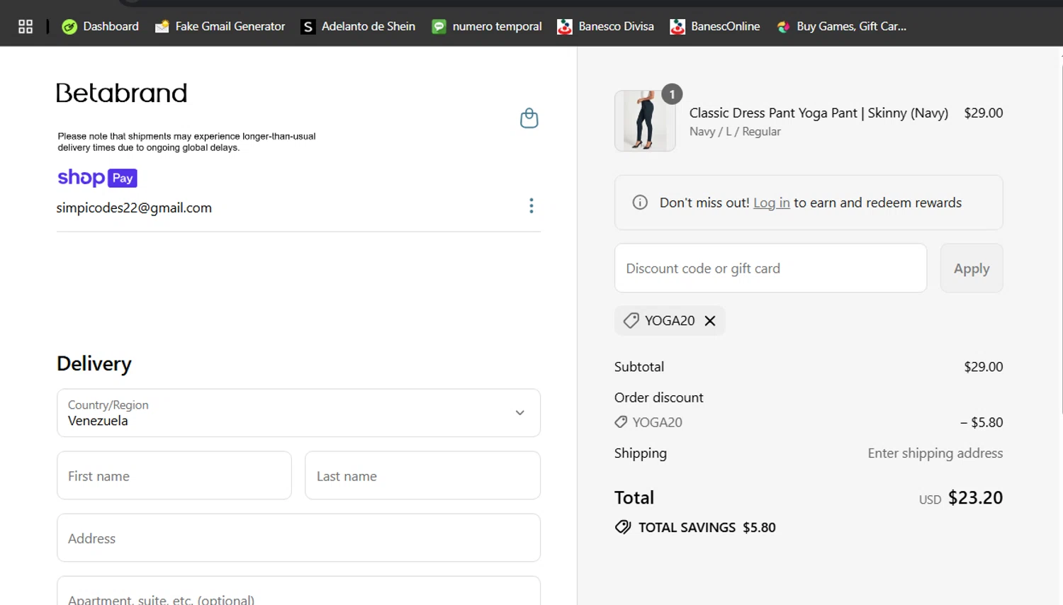 Betabrand discount code screenshot showing code YOGA20 applied at Betabrand checkout page. Uploaded by SimplyCodes community member jeysosmoore on Jul 4, 2025