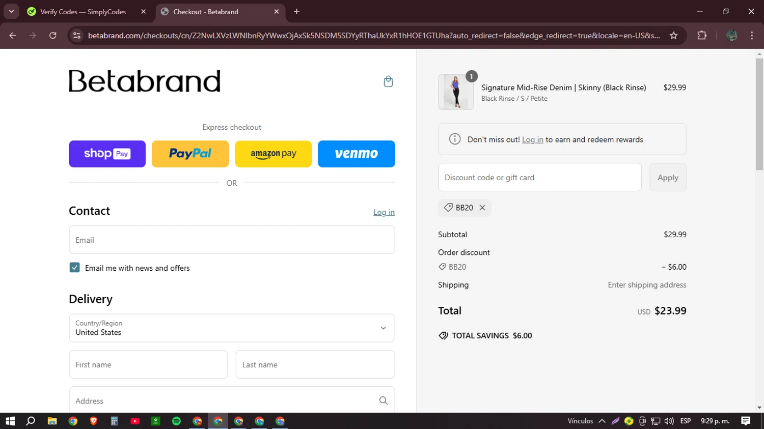 Betabrand discount code screenshot showing code Bb20 applied at Betabrand checkout page. Uploaded by SimplyCodes community member Mr_Allighieri on Mar 6, 2025