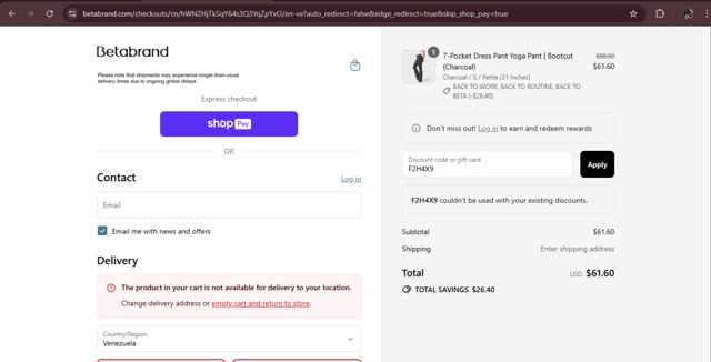 Betabrand checkout page showing Betabrand discount code box | Screenshot taken by SimplyCodes community member on Aug 27, 2025