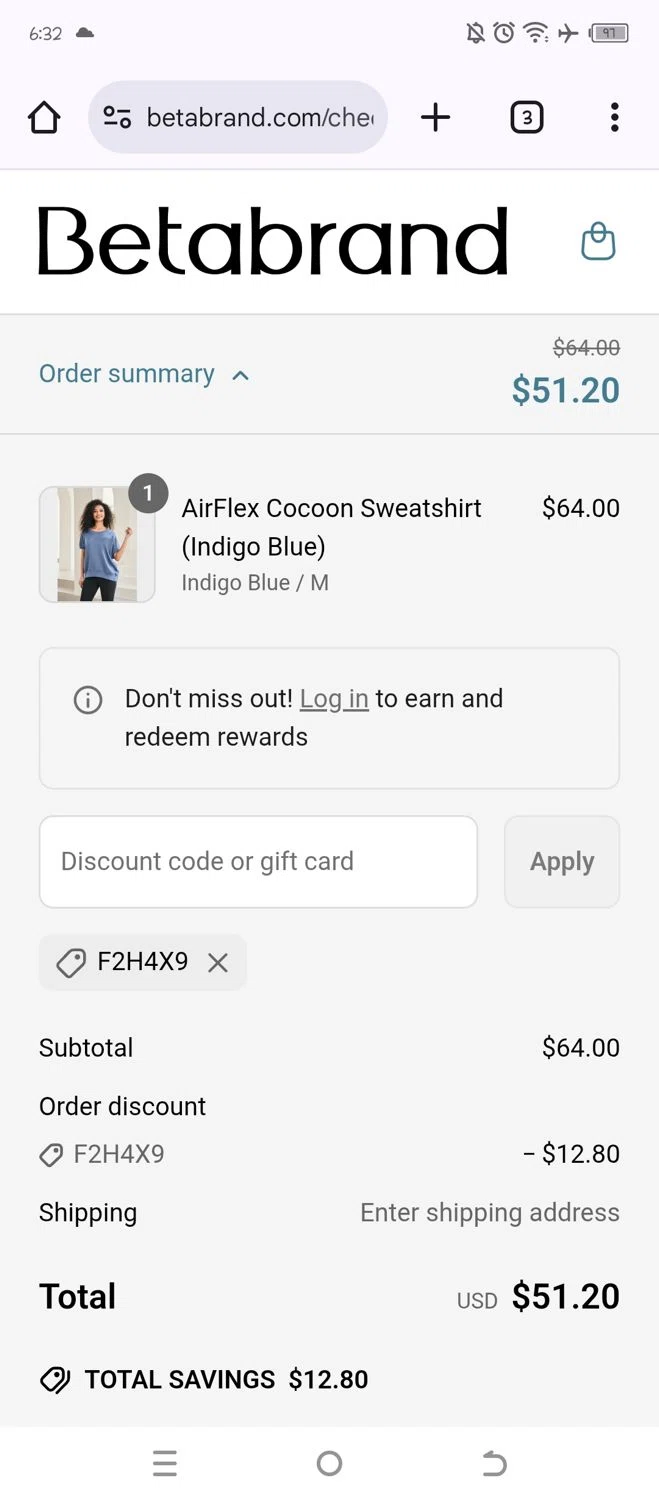 Betabrand discount code screenshot showing code F2H4X9 applied at Betabrand checkout page. Uploaded by SimplyCodes community member Sheele_Icon on Apr 4, 2025