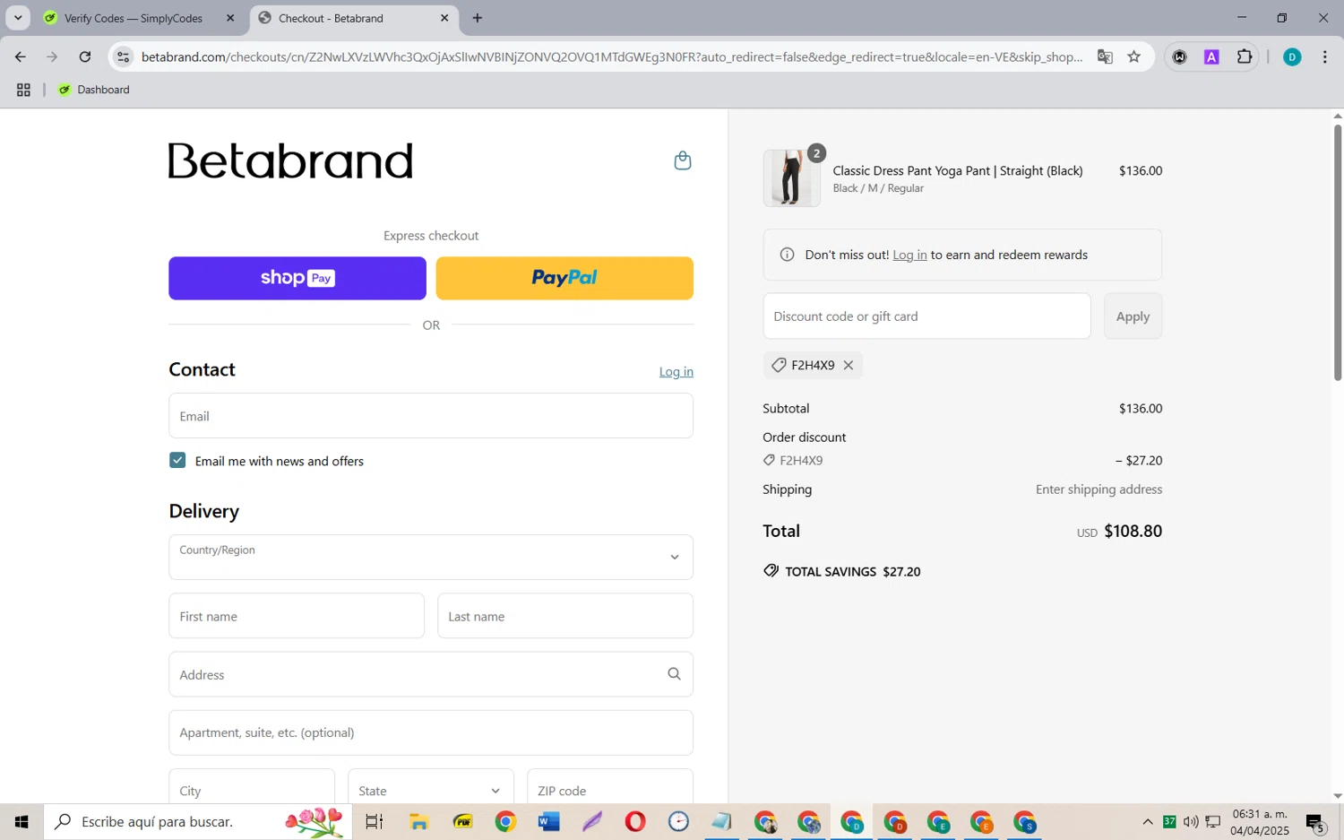 Betabrand discount code screenshot showing code F2H4X9 applied at Betabrand checkout page. Uploaded by SimplyCodes community member MagnificentCollector5368 on Apr 4, 2025