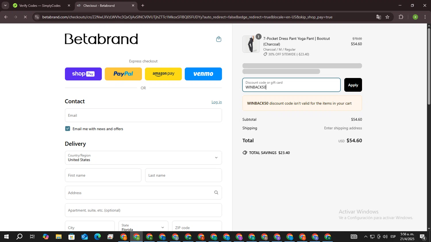 Betabrand discount code screenshot showing code WINBACK50 applied at Betabrand checkout page. Uploaded by SimplyCodes community member DiscountSpotter1028 on Apr 21, 2025